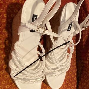 NWOT NINE WEST RENESTYL White Faux Leather& Cork Platform Wedge Sandals SIZE 11